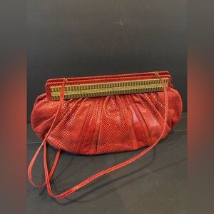 JUDITH LEIBER RED LIZARD SKIN LEATHER EVENING BAG